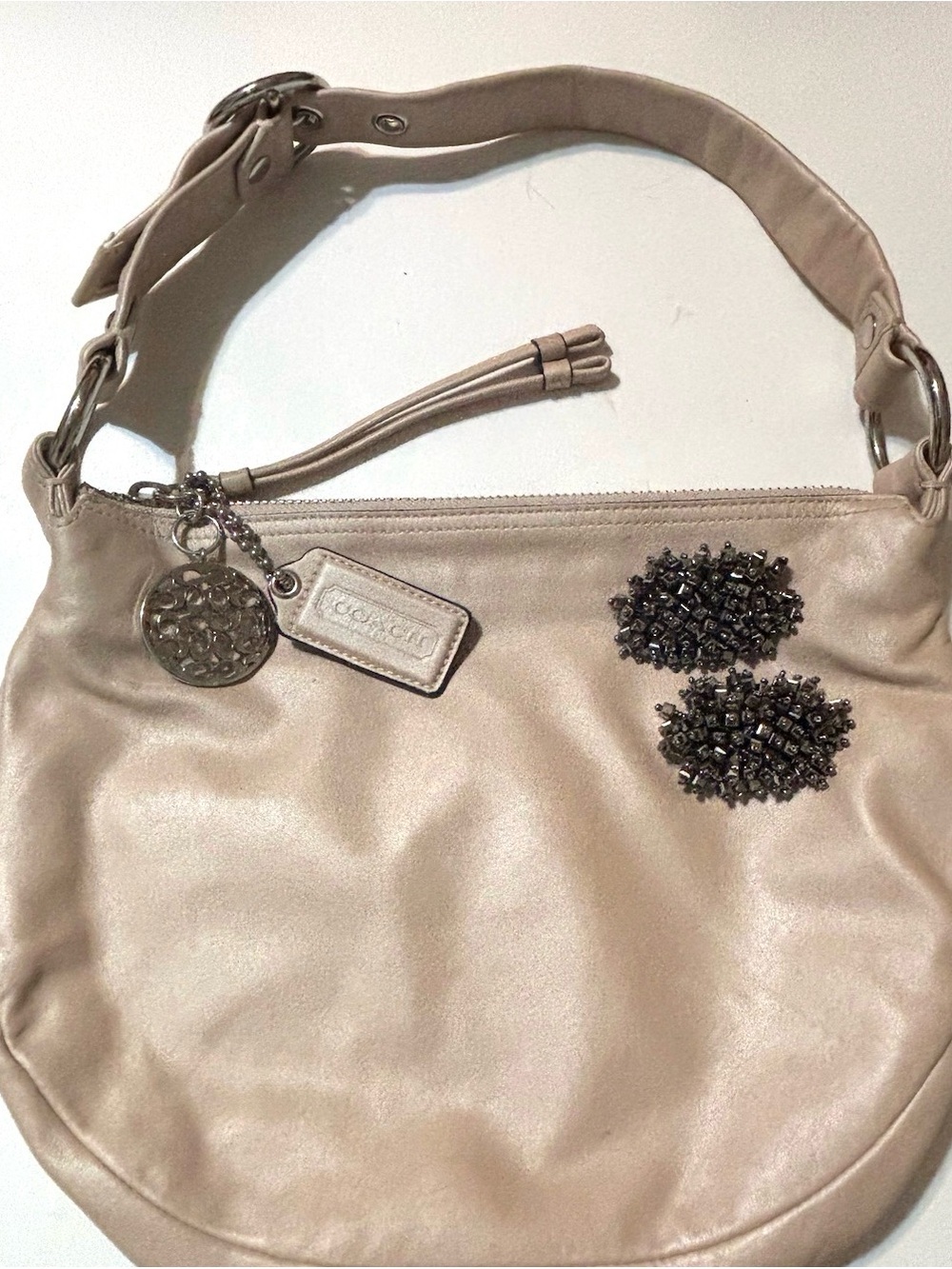 Coach Beige Pebbled Leather Beaded Hobo Shoulder Bag